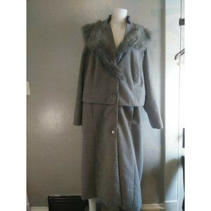 ROAMANS Women Tweed Shawl Light Gray Faux Fur Collar Trench Coat Size 24W